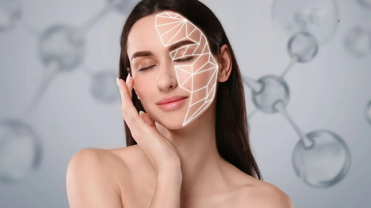 Woman with a graphic on her face showing building blocks of her face